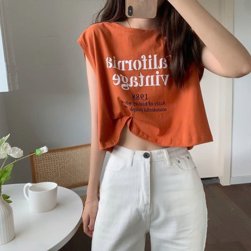 Áo croptop ba lỗ tay hến nữ in hình California Vintage cực chất đơn giản basic thun cotton co giãn thoáng mát
