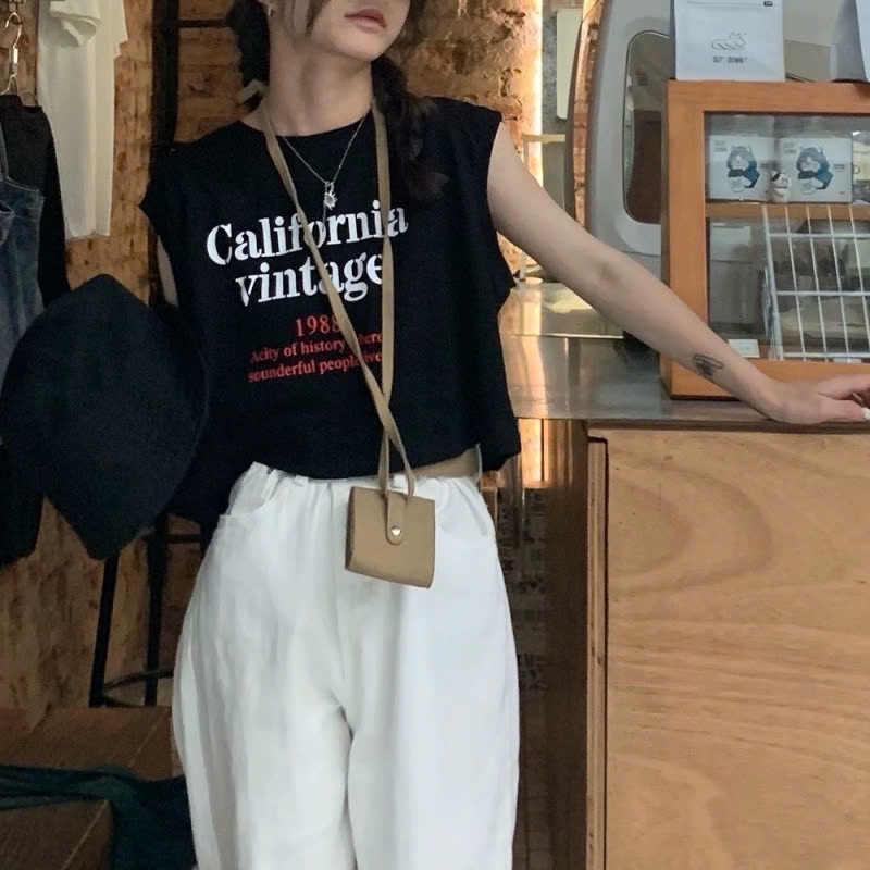 Áo croptop ba lỗ tay hến nữ in hình California Vintage cực chất đơn giản basic thun cotton co giãn thoáng mát