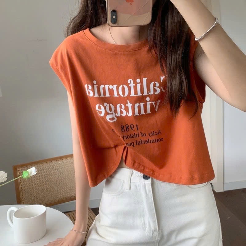 Áo croptop ba lỗ tay hến nữ in hình California Vintage cực chất đơn giản basic thun cotton co giãn thoáng mát