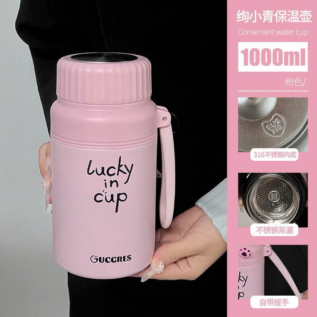🌸 Bình Giữ Nhiệt Inox 1000ml Lucky In Cup – Giữ Nhiệt Lâu, Thiết Kế Dễ Thương 🌸