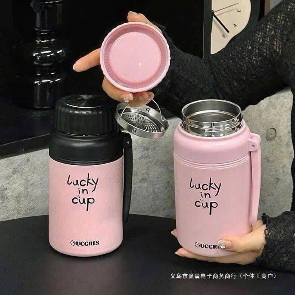 🌸 Bình Giữ Nhiệt Inox 1000ml Lucky In Cup – Giữ Nhiệt Lâu, Thiết Kế Dễ Thương 🌸