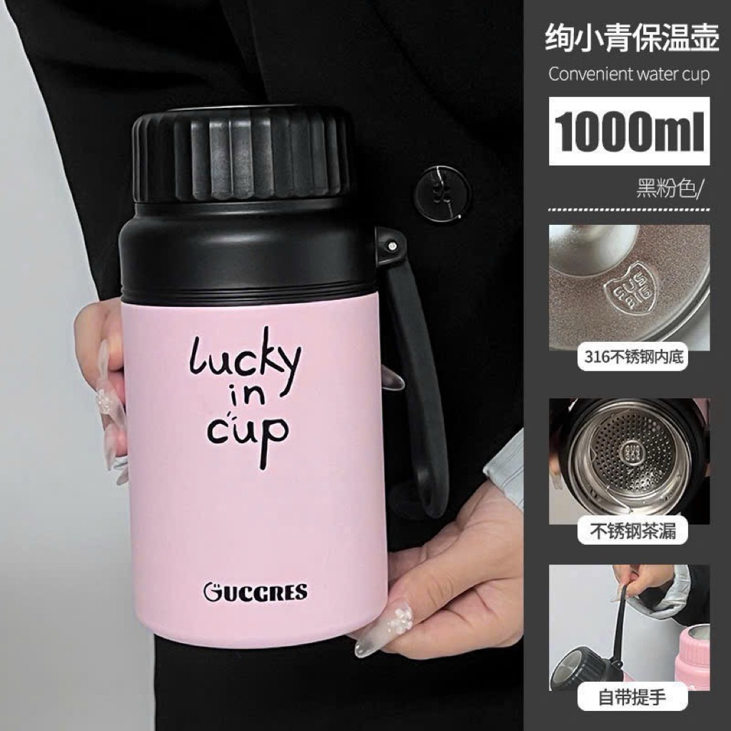 🌸 Bình Giữ Nhiệt Inox 1000ml Lucky In Cup – Giữ Nhiệt Lâu, Thiết Kế Dễ Thương 🌸