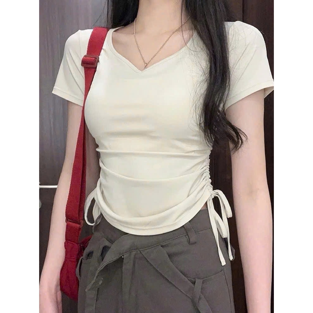 [CÓ SIZE] Áo Thun Cộc Tay Cổ Tim Dây Rút Eo RANSHI Áo Crt Dễ Mặc Dễ Phối Chất Thun Cotton Mềm Mịn - RA320