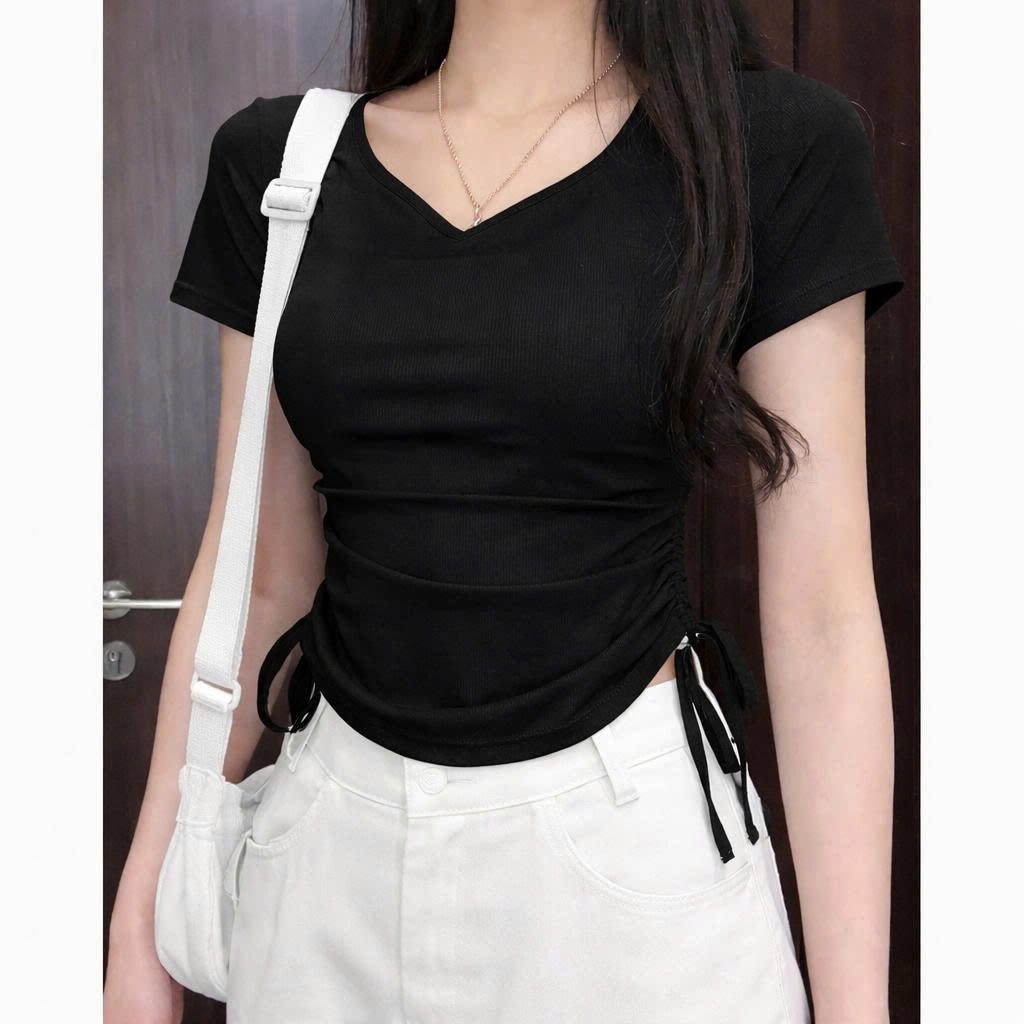 [CÓ SIZE] Áo Thun Cộc Tay Cổ Tim Dây Rút Eo RANSHI Áo Crt Dễ Mặc Dễ Phối Chất Thun Cotton Mềm Mịn - RA320