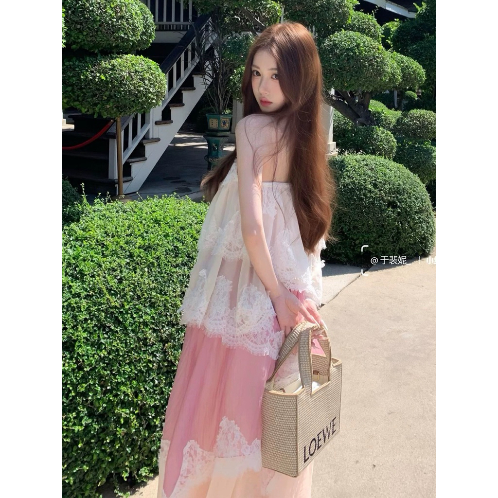 Đầm 2 dây maxi xoè tầng loang hồng phối viền ren