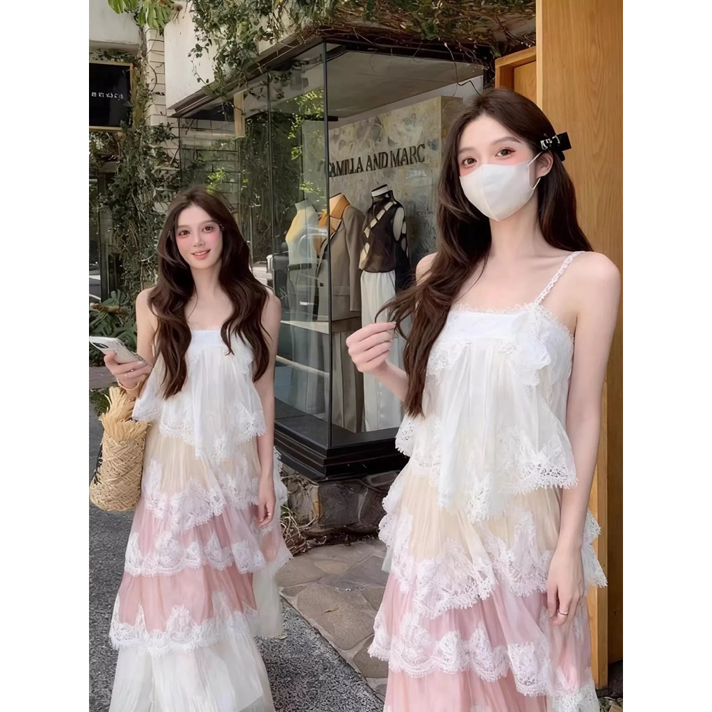 Đầm 2 dây maxi xoè tầng loang hồng phối viền ren