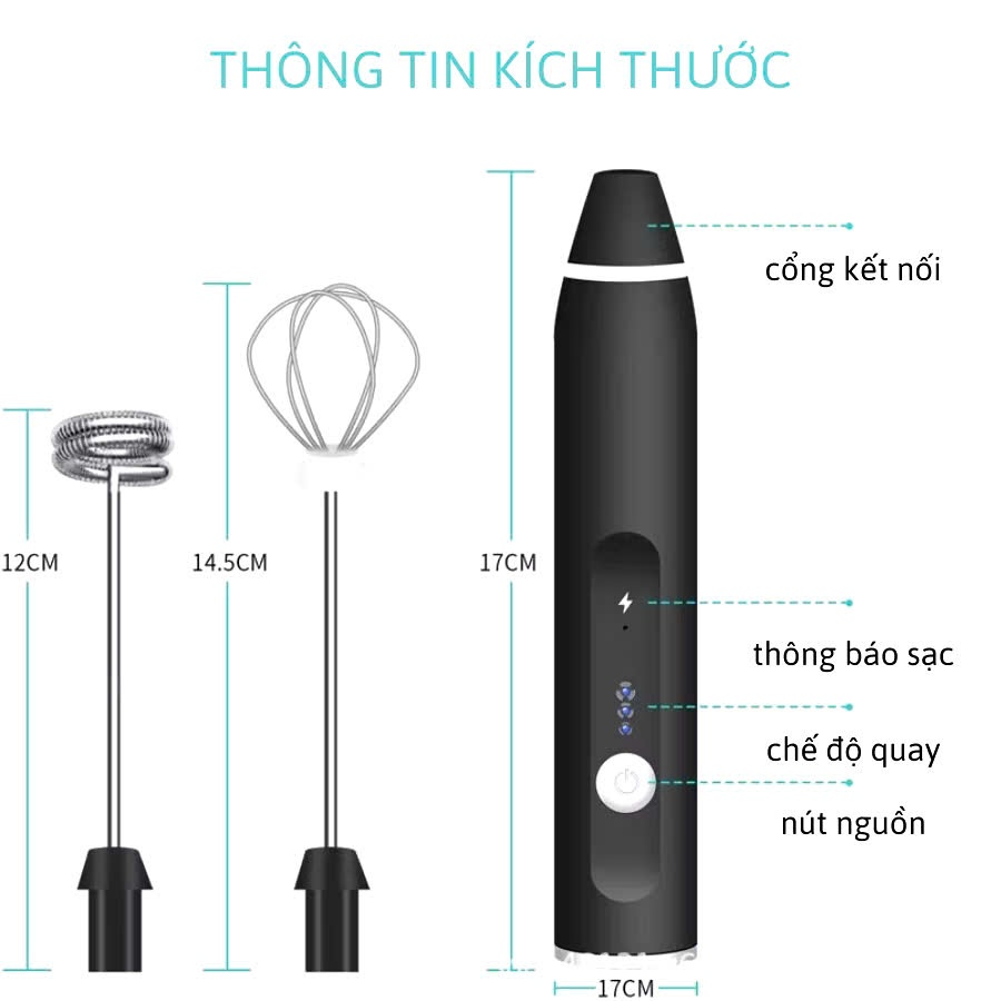 Máy Tạo Bọt Sữa Mini Sạc Pin 3 Tốc Độ Đánh Nhanh Kèm 2 Đầu Đa Năng Pha Cà Phê Tiện Lợi