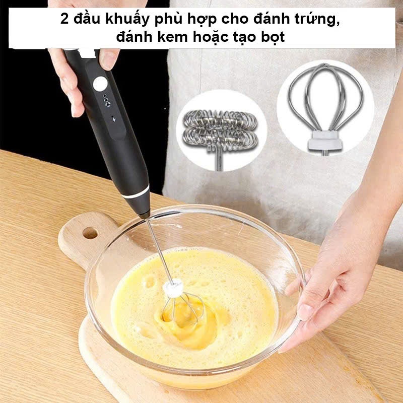 Máy Tạo Bọt Sữa Mini Sạc Pin 3 Tốc Độ Đánh Nhanh Kèm 2 Đầu Đa Năng Pha Cà Phê Tiện Lợi