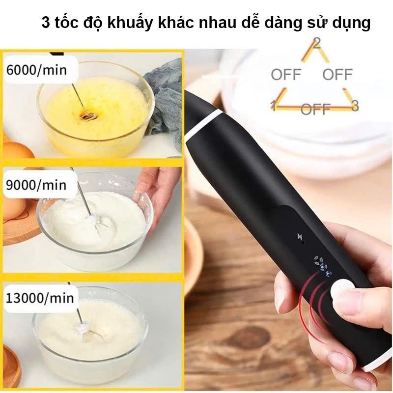 Máy Tạo Bọt Sữa Mini Sạc Pin 3 Tốc Độ Đánh Nhanh Kèm 2 Đầu Đa Năng Pha Cà Phê Tiện Lợi