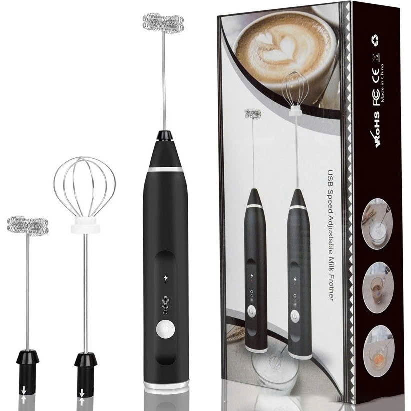 Máy Tạo Bọt Sữa Mini Sạc Pin 3 Tốc Độ Đánh Nhanh Kèm 2 Đầu Đa Năng Pha Cà Phê Tiện Lợi