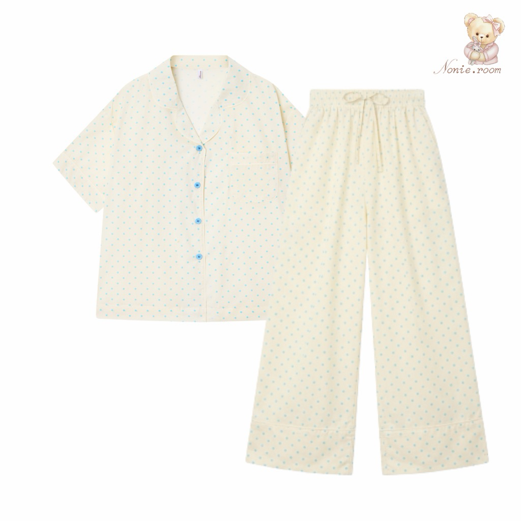 Nonie. room - Pijamas Bộ Đồ Ngủ Tay Ngắn Quần Dài Họa Tiết Vàng Bi Xanh Freesize Chất Liệu Cao Cấp Mặc Thoáng Mát