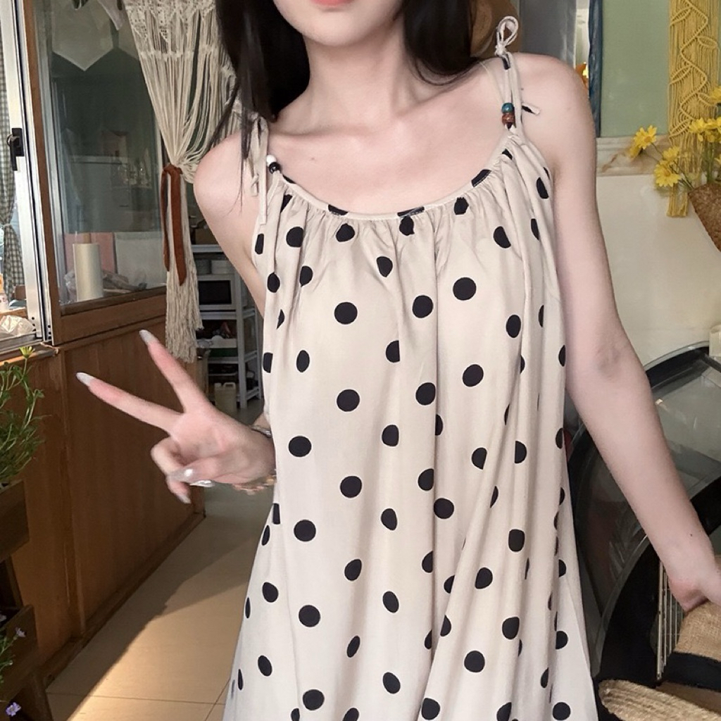 Váy Ngủ Nữ 2 Dây Dáng Dài Chấm Bi – Đồ Mặc Nhà Form Suông Rộng Nhẹ Nhàng Phong Cách Vintage