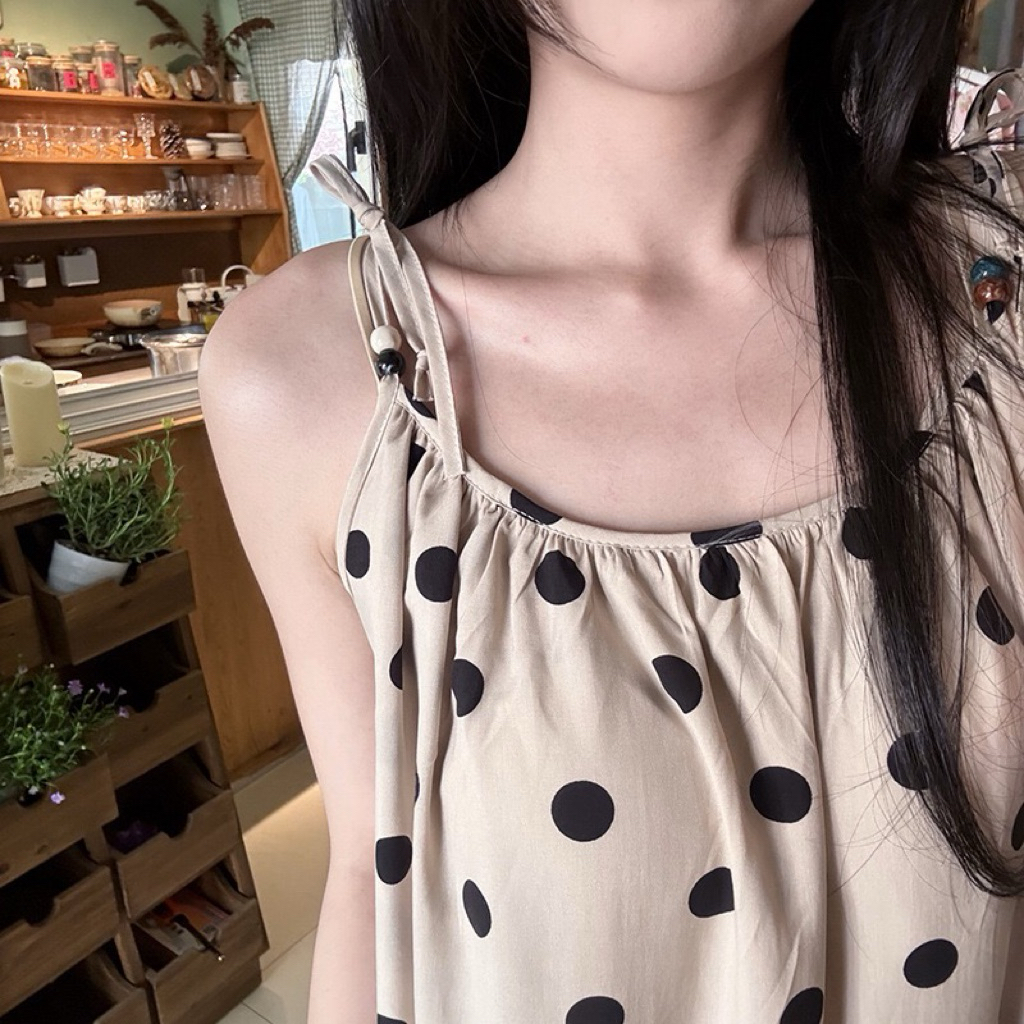 Váy Ngủ Nữ 2 Dây Dáng Dài Chấm Bi – Đồ Mặc Nhà Form Suông Rộng Nhẹ Nhàng Phong Cách Vintage