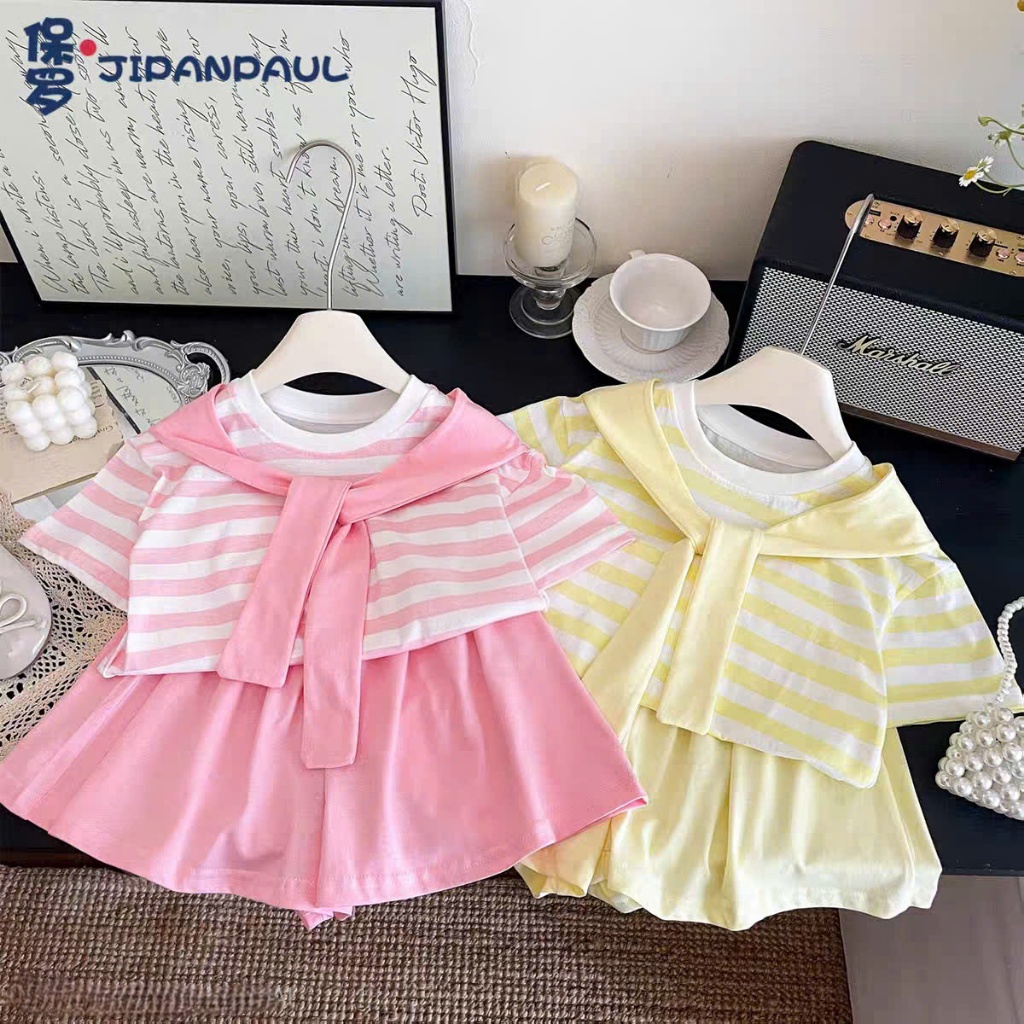 7-20kg.Bộ quần áo xinh cho bé gái in hình kẻ,đính khăn trên vai,chất vải cotton mềm mịn thấm hút mồ hôi.M74
