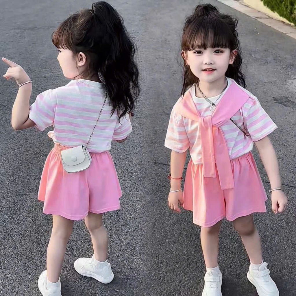 7-20kg.Bộ quần áo xinh cho bé gái in hình kẻ,đính khăn trên vai,chất vải cotton mềm mịn thấm hút mồ hôi.M74