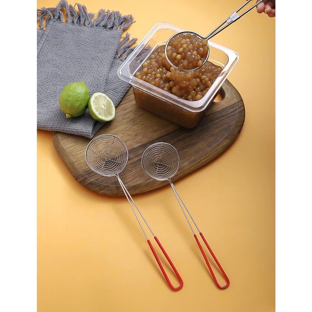 Vợt Múc Trân Châu Inox Cán Đỏ Lưới Lọc Mịn Vớt Topping Trà Sữa Tiện Lợi Bền Đẹp