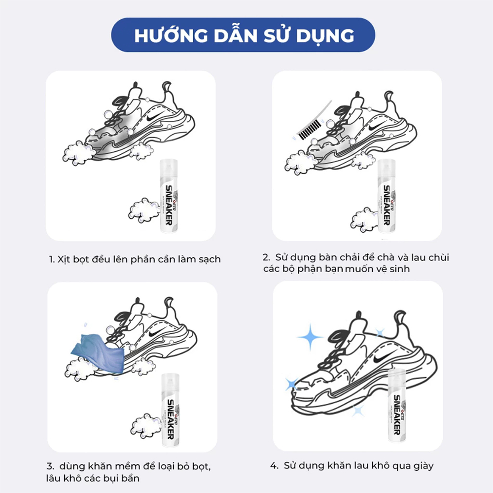 Chai Xịt Vệ Sinh Giày Sneaker GETO 300ml – Bọt Giặt Khô Làm Sạch Giày Thể Thao, Khử Mùi