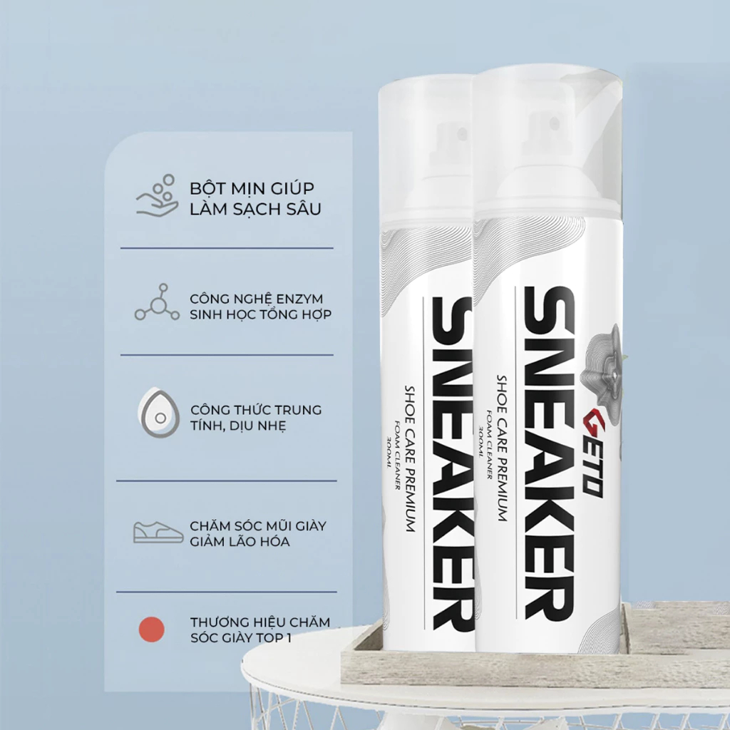 Chai Xịt Vệ Sinh Giày Sneaker GETO 300ml – Bọt Giặt Khô Làm Sạch Giày Thể Thao, Khử Mùi