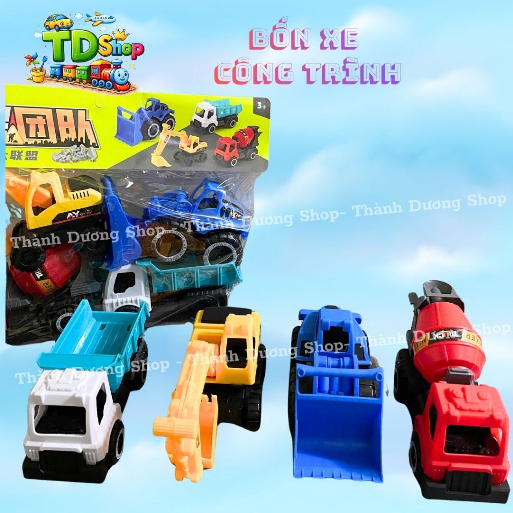 Bộ Đồ Chơi Xe Công Trình Màu Sắc Mini 4 Món Cho Bé – Xe Xúc, Xe Ben, Xe Ủi, Xe Trộn Xi Măng Nhựa An Toàn Cho Trẻ 3+