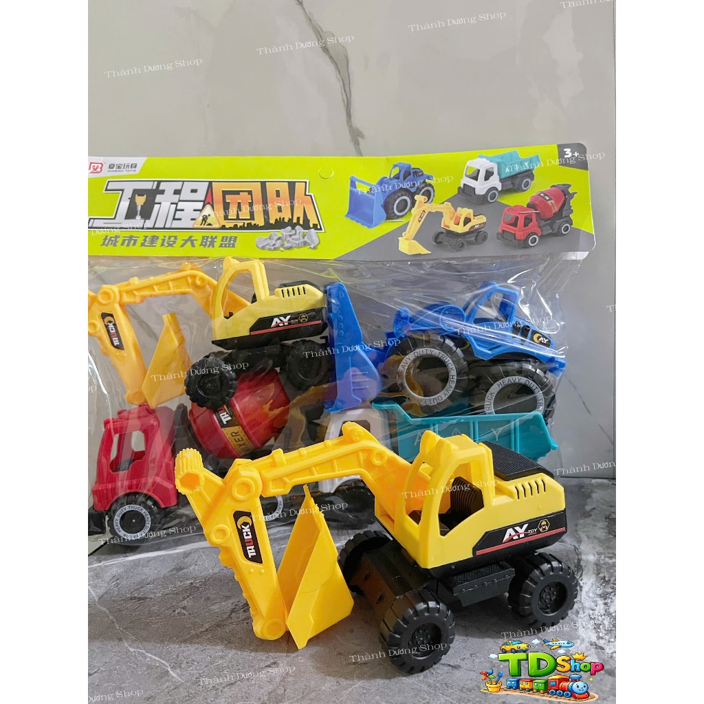 Bộ Đồ Chơi Xe Công Trình Màu Sắc Mini 4 Món Cho Bé – Xe Xúc, Xe Ben, Xe Ủi, Xe Trộn Xi Măng Nhựa An Toàn Cho Trẻ 3+