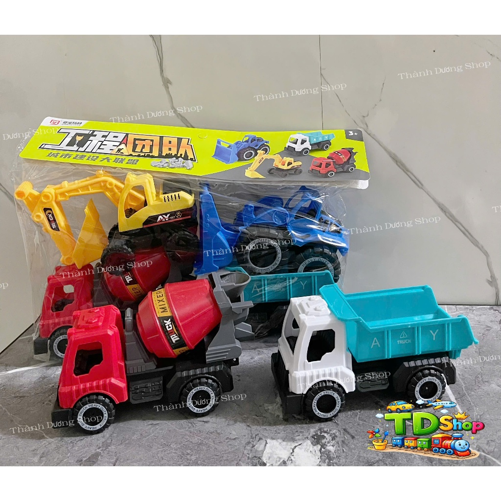 Bộ Đồ Chơi Xe Công Trình Màu Sắc Mini 4 Món Cho Bé – Xe Xúc, Xe Ben, Xe Ủi, Xe Trộn Xi Măng Nhựa An Toàn Cho Trẻ 3+