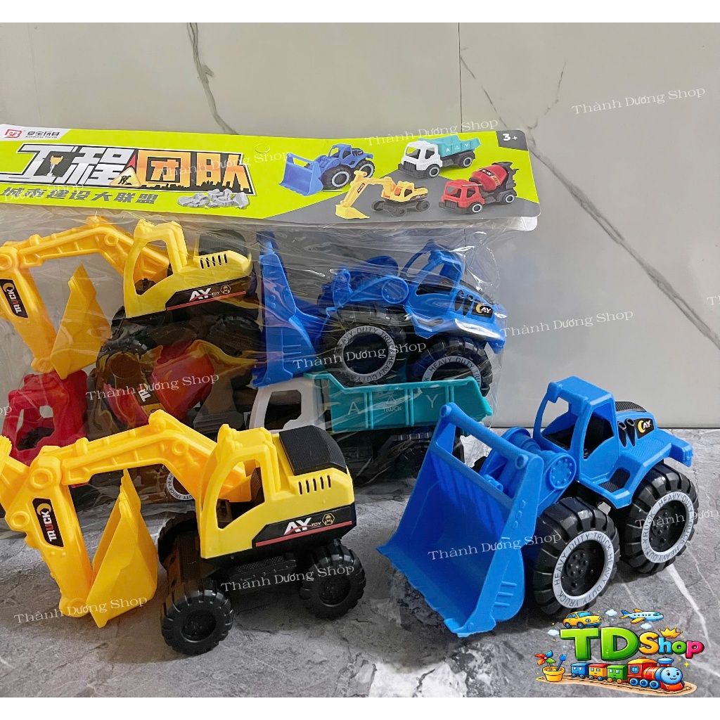Bộ Đồ Chơi Xe Công Trình Màu Sắc Mini 4 Món Cho Bé – Xe Xúc, Xe Ben, Xe Ủi, Xe Trộn Xi Măng Nhựa An Toàn Cho Trẻ 3+