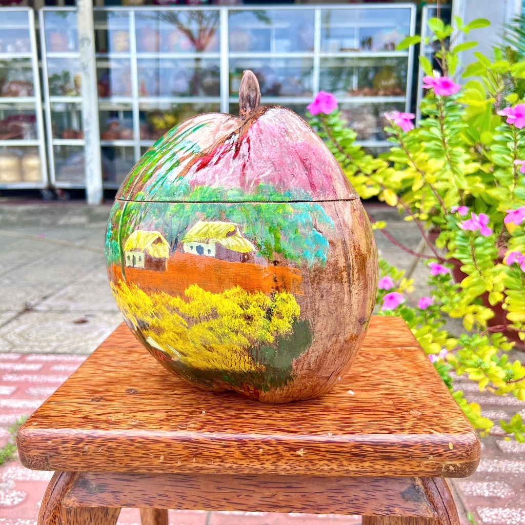 [ SIZE 800ML - 1000ML ] Bình Ủ TRÁI DỪA VẼ 2 NHÀ Giữ Nhiệt Ấm Trà Cao Cấp Phong Cảnh, Trang Trí Bàn Trà, Phòng Khách