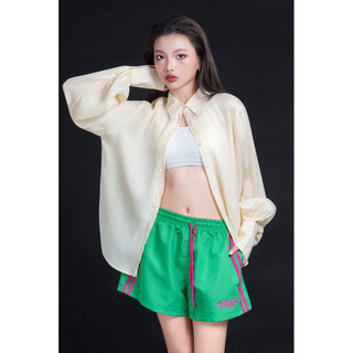 Quần short thể thao nữ BIBIBO xanh lá phối sọc hồng – quần đùi nữ dây rút năng động, mặc đi chơi/tập gym