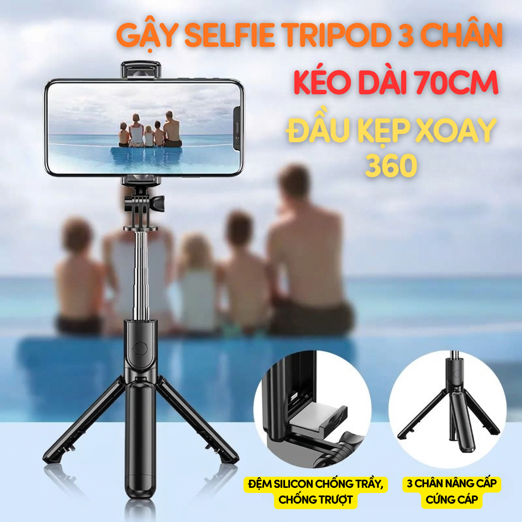 Gậy Selfie Tripod 3 Chân Bluetooth 70cm Có Remote – Xoay 360°, Gấp Gọn, Quay Video Livestream