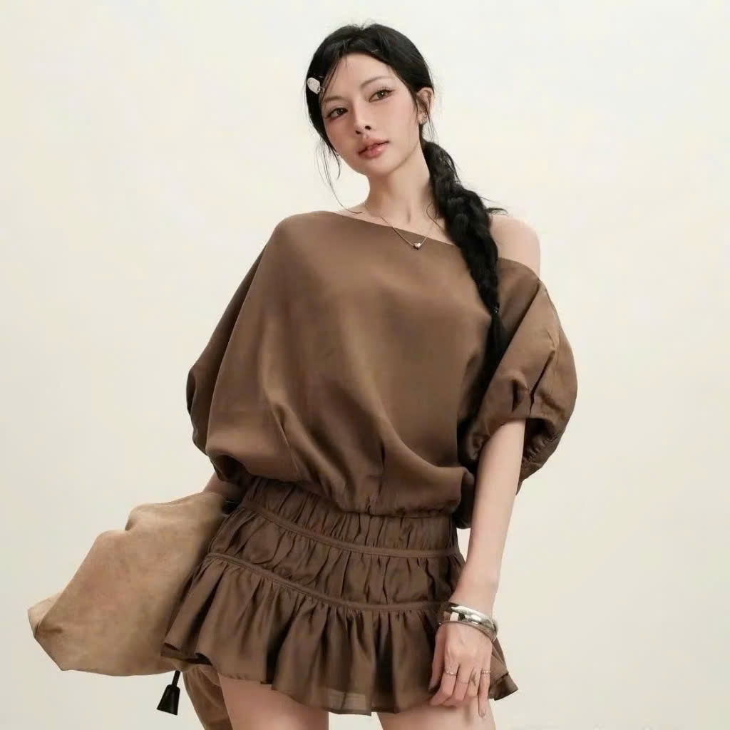Set Bộ Áo Kiểu Trễ Vai Mix Chân Váy Nhún Dễ Thương Dễ Mặc - Set Đồ Nữ Đi Chơi Thanh Lịch Dễ Phối Joolate H033
