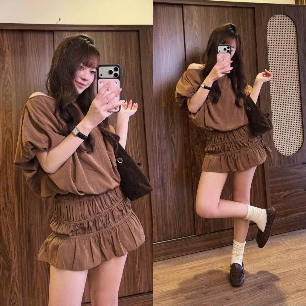 Set Bộ Áo Kiểu Trễ Vai Mix Chân Váy Nhún Dễ Thương Dễ Mặc - Set Đồ Nữ Đi Chơi Thanh Lịch Dễ Phối Joolate H033
