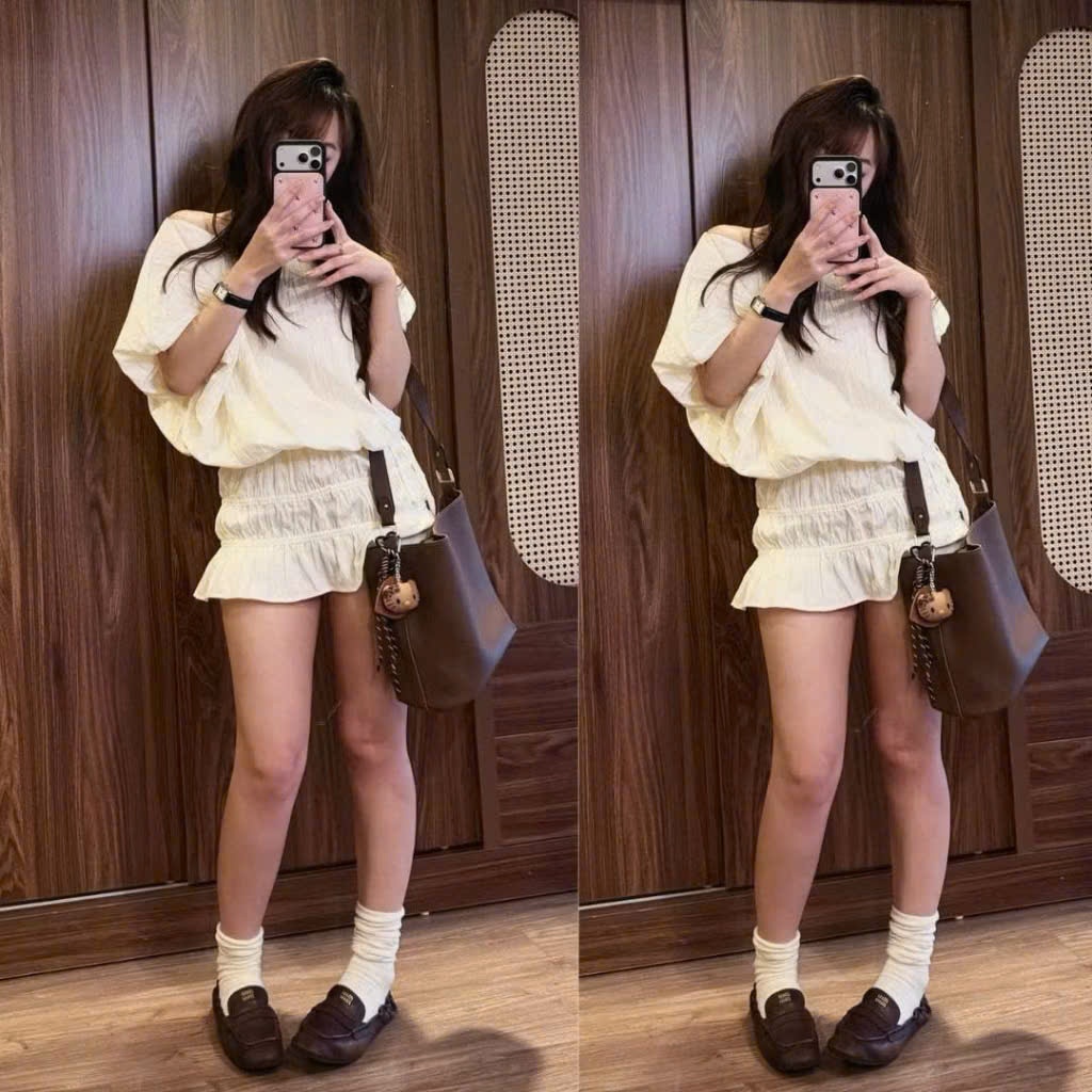 Set Bộ Áo Kiểu Trễ Vai Mix Chân Váy Nhún Dễ Thương Dễ Mặc - Set Đồ Nữ Đi Chơi Thanh Lịch Dễ Phối Joolate H033