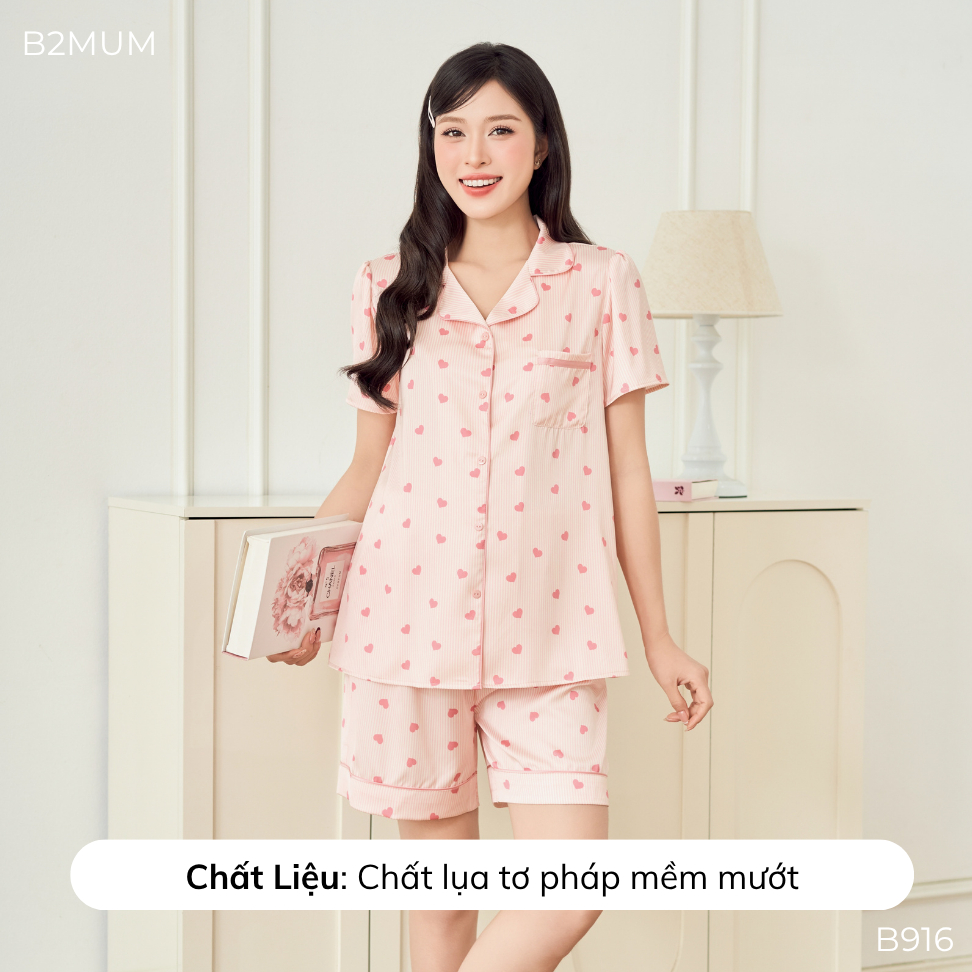 Bộ Pijama Bầu Dáng Suông Quần Short, Họa Tiết Trái Tim – Mặc Nhà Thoải Mái, Quần Có Chun Chỉnh Soot Set B916 B2MUM