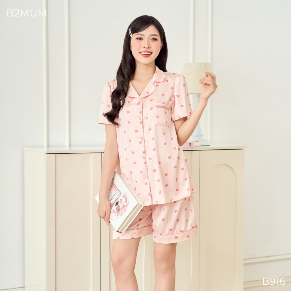 Bộ Pijama Bầu Dáng Suông Quần Short, Họa Tiết Trái Tim – Mặc Nhà Thoải Mái, Quần Có Chun Chỉnh Soot Set B916 B2MUM