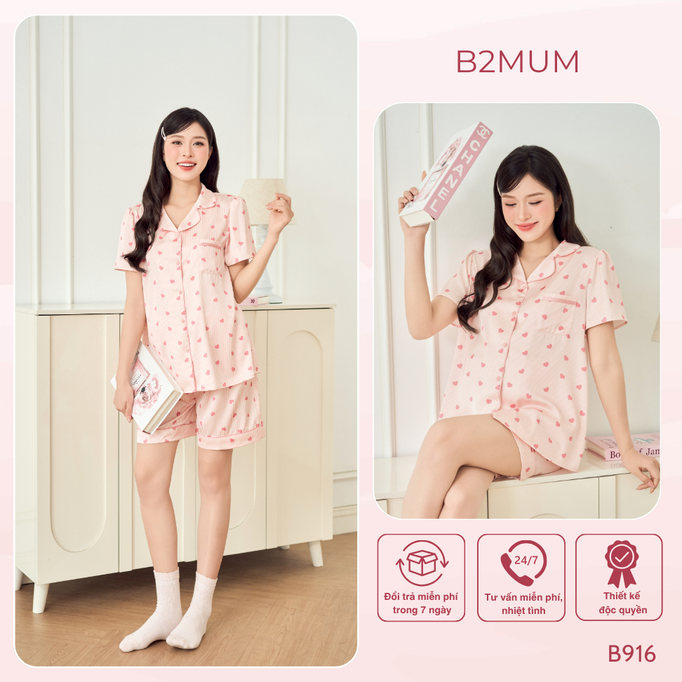 Bộ Pijama Bầu Dáng Suông Quần Short, Họa Tiết Trái Tim – Mặc Nhà Thoải Mái, Quần Có Chun Chỉnh Soot Set B916 B2MUM