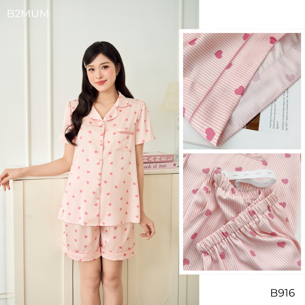 Bộ Pijama Bầu Dáng Suông Quần Short, Họa Tiết Trái Tim – Mặc Nhà Thoải Mái, Quần Có Chun Chỉnh Soot Set B916 B2MUM