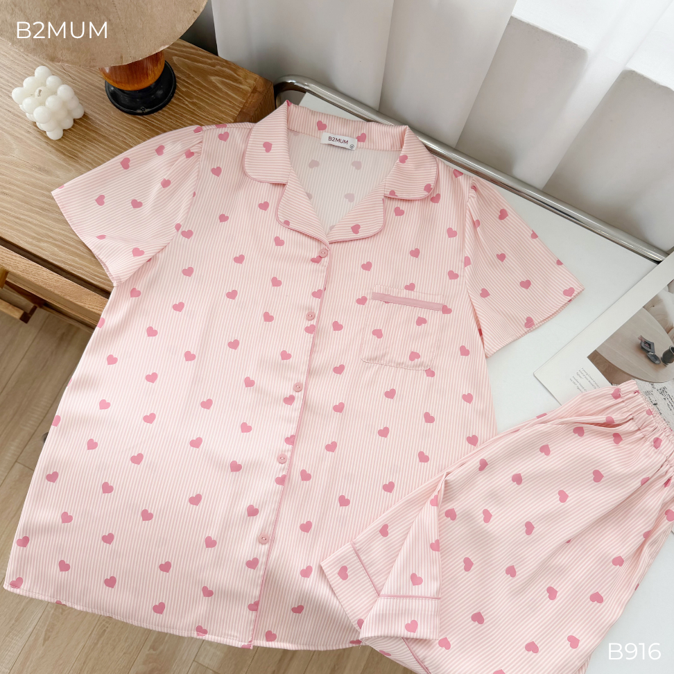 Bộ Pijama Bầu Dáng Suông Quần Short, Họa Tiết Trái Tim – Mặc Nhà Thoải Mái, Quần Có Chun Chỉnh Soot Set B916 B2MUM
