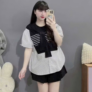 [Nhà Moom] Áo babydoll kẻ phối khăn cho mẹ bầu