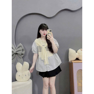 [Nhà Moom] Áo babydoll kẻ phối khăn cho mẹ bầu