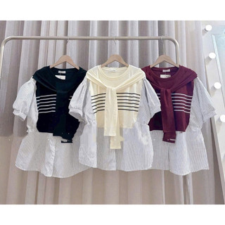 [Nhà Moom] Áo babydoll kẻ phối khăn cho mẹ bầu
