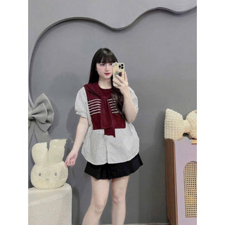 [Nhà Moom] Áo babydoll kẻ phối khăn cho mẹ bầu