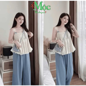 Set công sở, thiết kế mặc hè tiểu thư đi biển áo hai dây tùng bí nhấn ngực kèm quần QC phối bèo