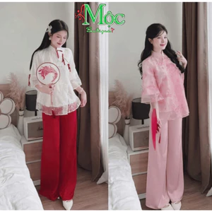 Set đồ lam, đi chùa mặc Tết ngọt ngào áo cổ tàu chất Xô Lưới thêu cột nơ kèm quần dài Tuyết Nhung