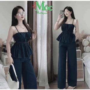 Set công sở, đồ bộ chất Jean nữ măc hè gồm áo hai dây form peplum xoè phối quần dài suông năng động