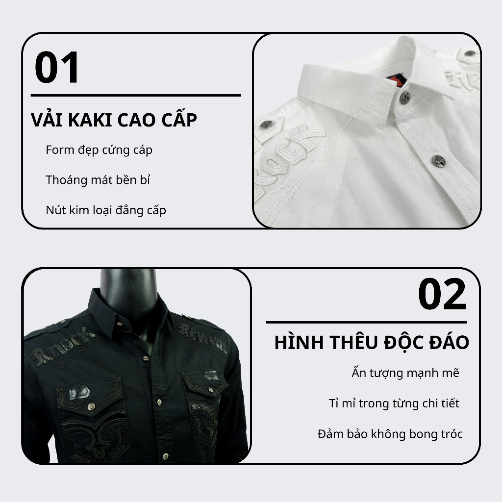 Sơ Mi Rock Classic Nam Cao Cấp Thêu Họa Tiết Chỉ Ẩn - Vải Kaki Tôn Dáng, Cúc Kim Loại Đẳng Cấp 059