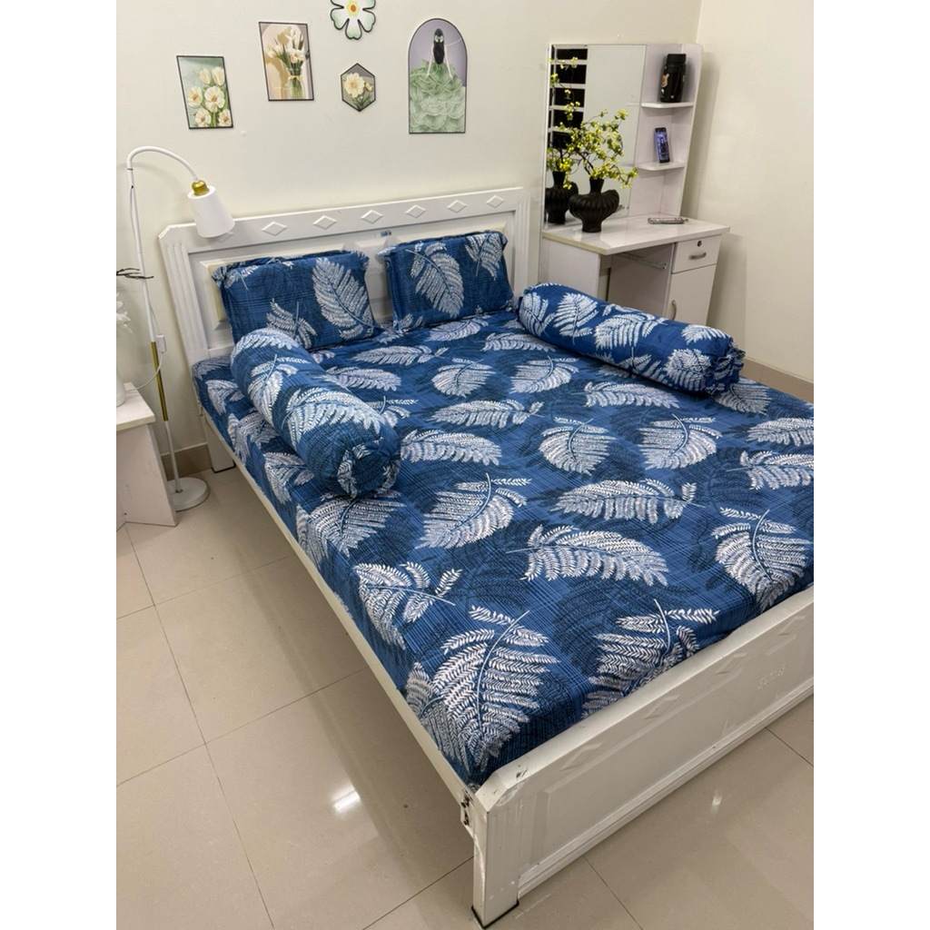 bộ ga thun lạnh 3D Hàn quốc LÁ ME XANH (2 ôm kéo)
