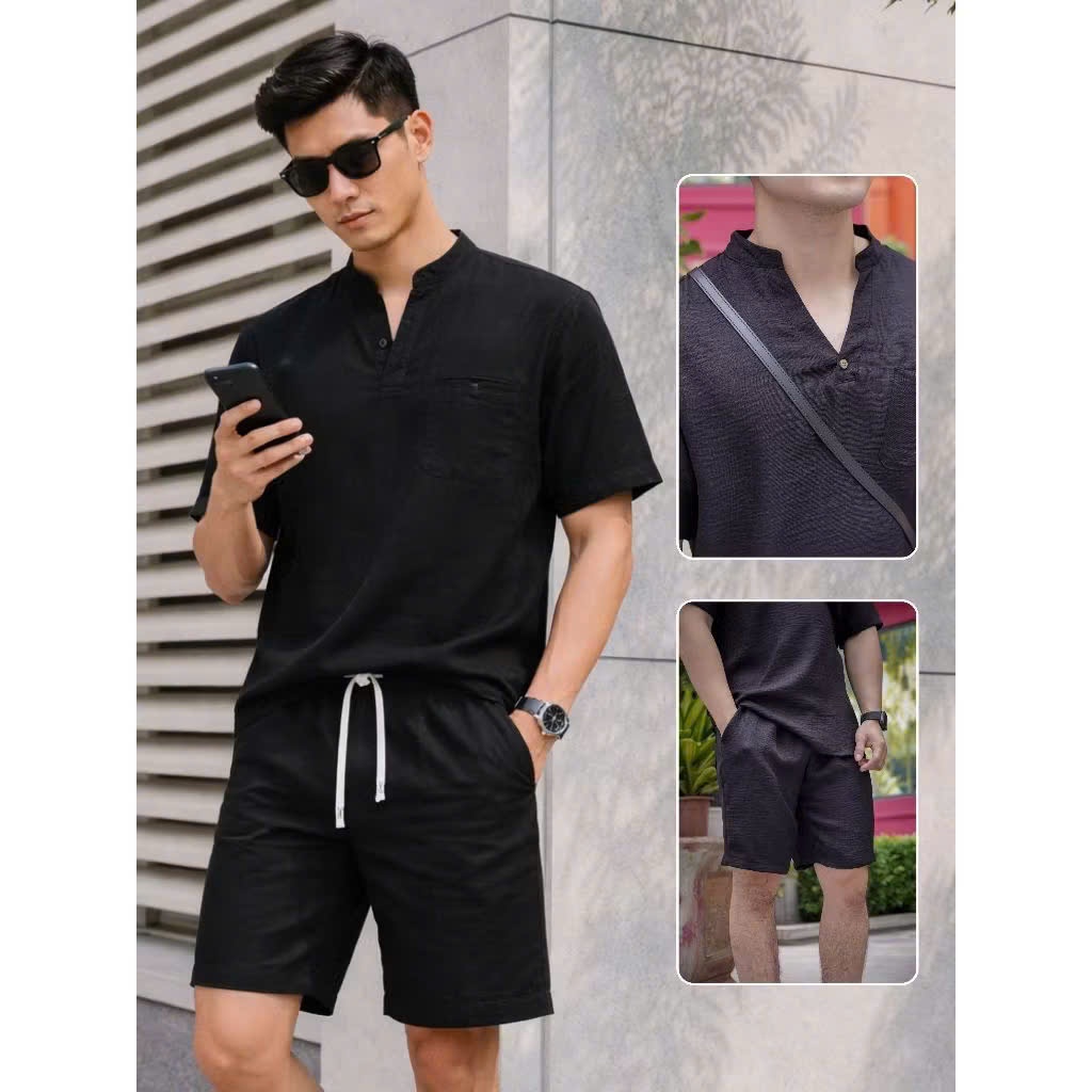 Bộ Quần Áo Đũi Vân Mây Nam Halley Hàn Quốc  Set Đồ Nam Cộc Tay Cổ V Lãng Tử Đi Biển Đi Cafe J66