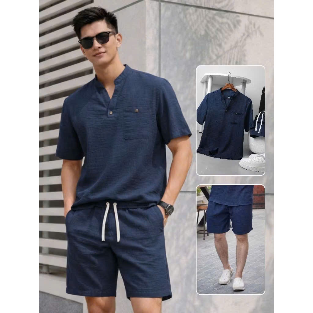 Áo Cộc Tay Chất Đũi Cổ V Thoáng Mát Mùa Hè Halley Sơ Mi Nam Cộc Tay Đi Biển Đi Chơi A59