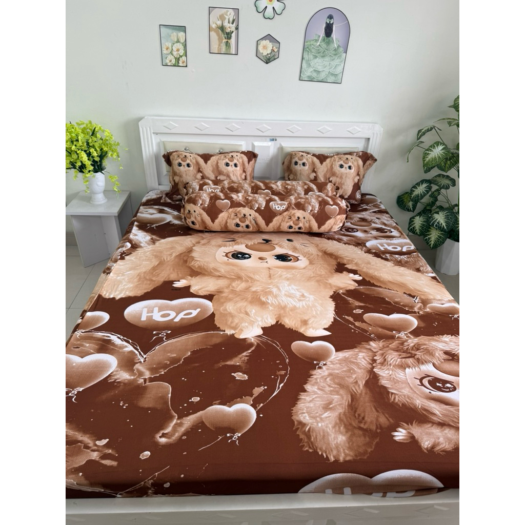 bộ ga thun lạnh BABY THREE NÂU (2 áo gối ôm dây kéo)