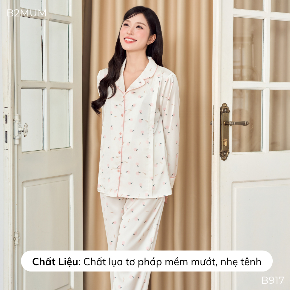 Bộ Pijama Bầu Chất Lụa Tơ Pháp Mềm Mịn, Khóa Kéo Mở Ngực Tiện Lợi – Mặc Nhà, Nghỉ Ngơi Thoải Mái Somni Set B917 By B2MUM